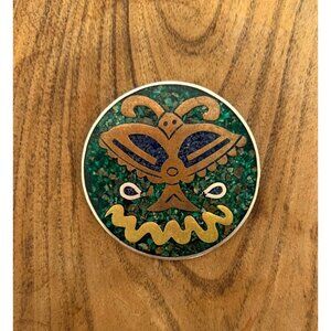 Taxco Mexico Malachite Mosaic Inlay Brass Silver Butterfly Moth Pendant Brooch